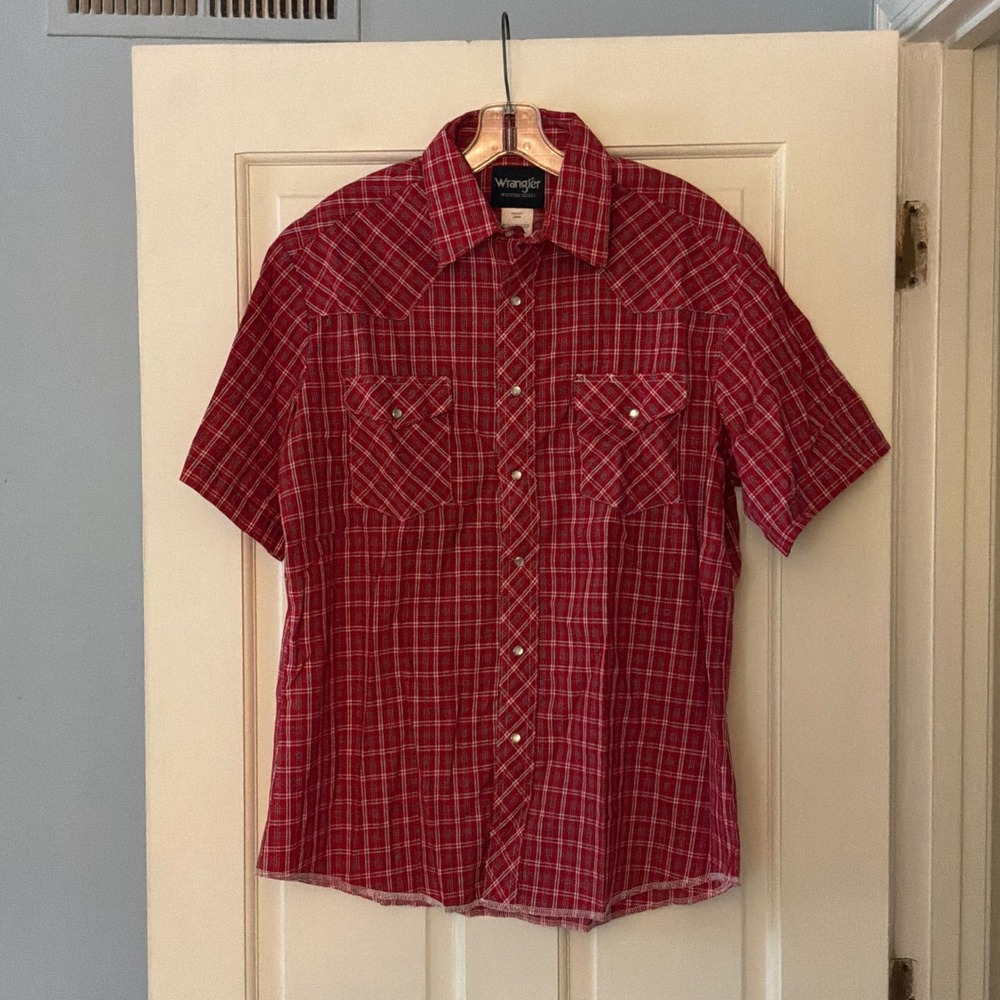 Wrangler Mens Red Plaid Short Sleeve Western Pearl Snap Shirt Large Cowboy Retro